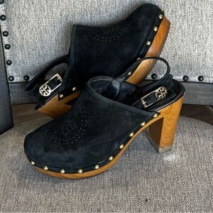 Tory Burch Black Suede Clogs with Wooden Heel